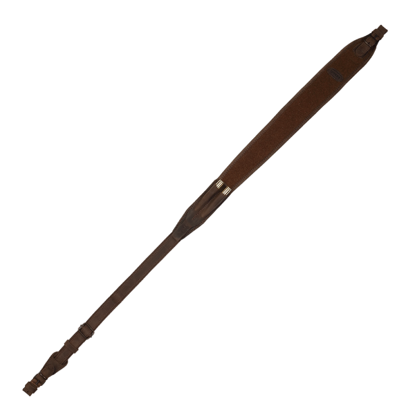 Kožený popruh na zbraň KUDU s neoprénovým podšitím a držiakom na náboje – tmavohnedý Elegantný a praktický popruh KUDU na dlhú zbraň, vyrobený z kvalitnej pravej kože s mäkkým neoprénovým podšitím pre maximálne pohodlie pri nosení. Popruh je vybavený držiakom na 2 guľové náboje, ktorý zabezpečuje rýchly prístup k munícii v teréne. Vďaka nastaviteľnej dĺžke si ho ľahko prispôsobíte podľa potreby.